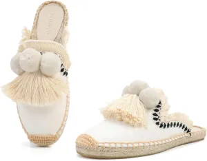 Women's Mule Flat Shoes with Tassel & Pompom, Espadrilles Slides Backless Slipper Slip on Shoes