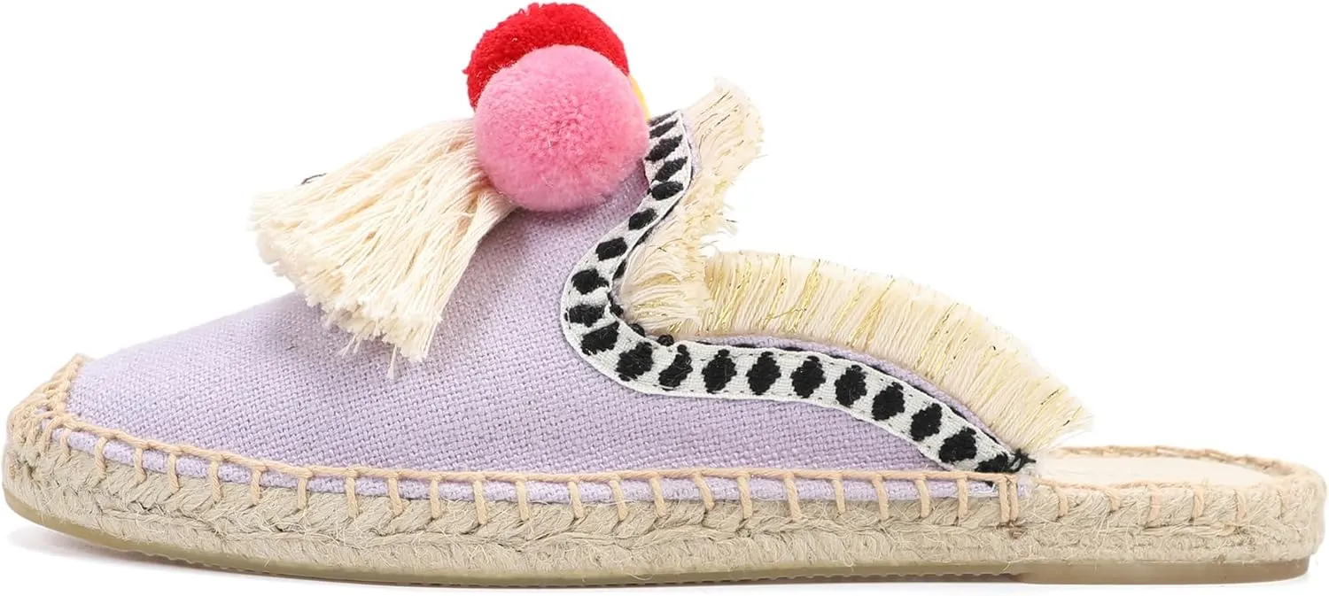 Women's Mule Flat Shoes with Tassel & Pompom, Espadrilles Slides Backless Slipper Slip on Shoes