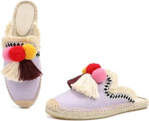 Women's Mule Flat Shoes with Tassel & Pompom, Espadrilles Slides Backless Slipper Slip on Shoes