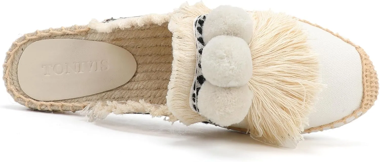 Women's Mule Flat Shoes with Tassel & Pompom, Espadrilles Slides Backless Slipper Slip on Shoes