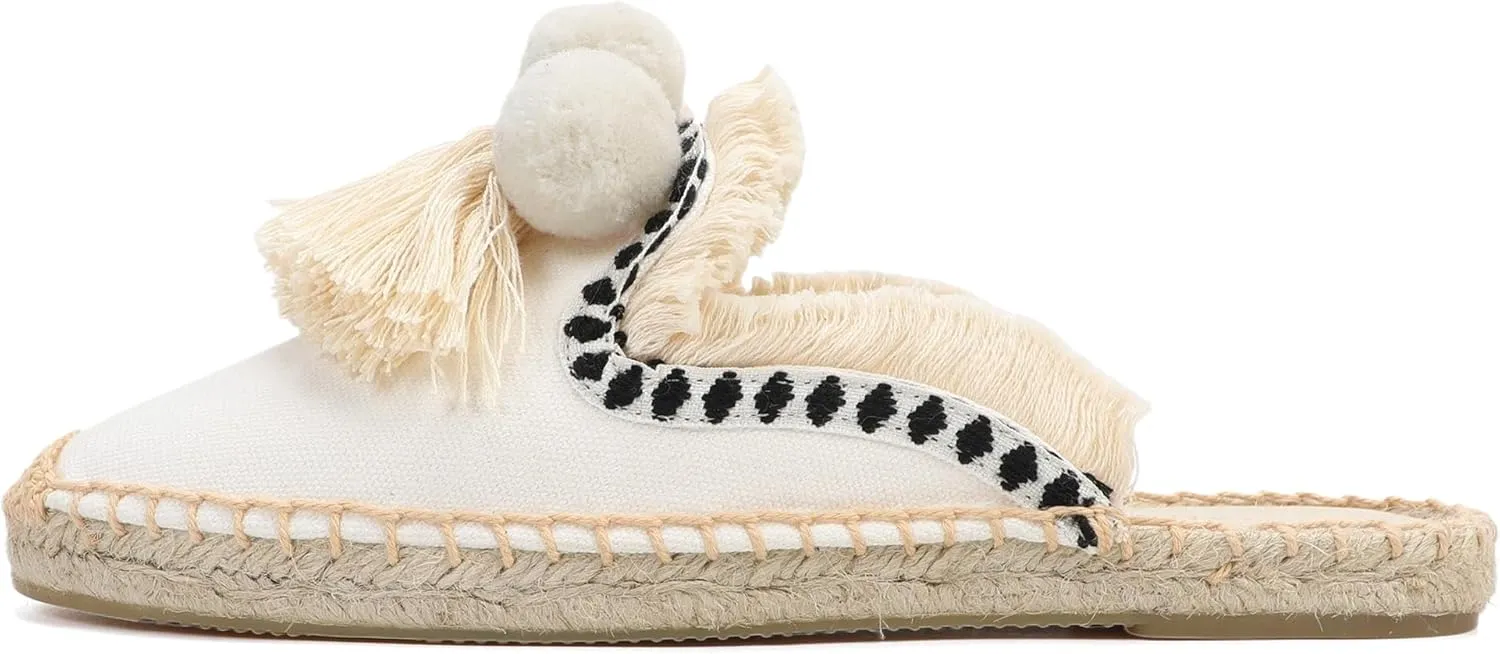 Women's Mule Flat Shoes with Tassel & Pompom, Espadrilles Slides Backless Slipper Slip on Shoes