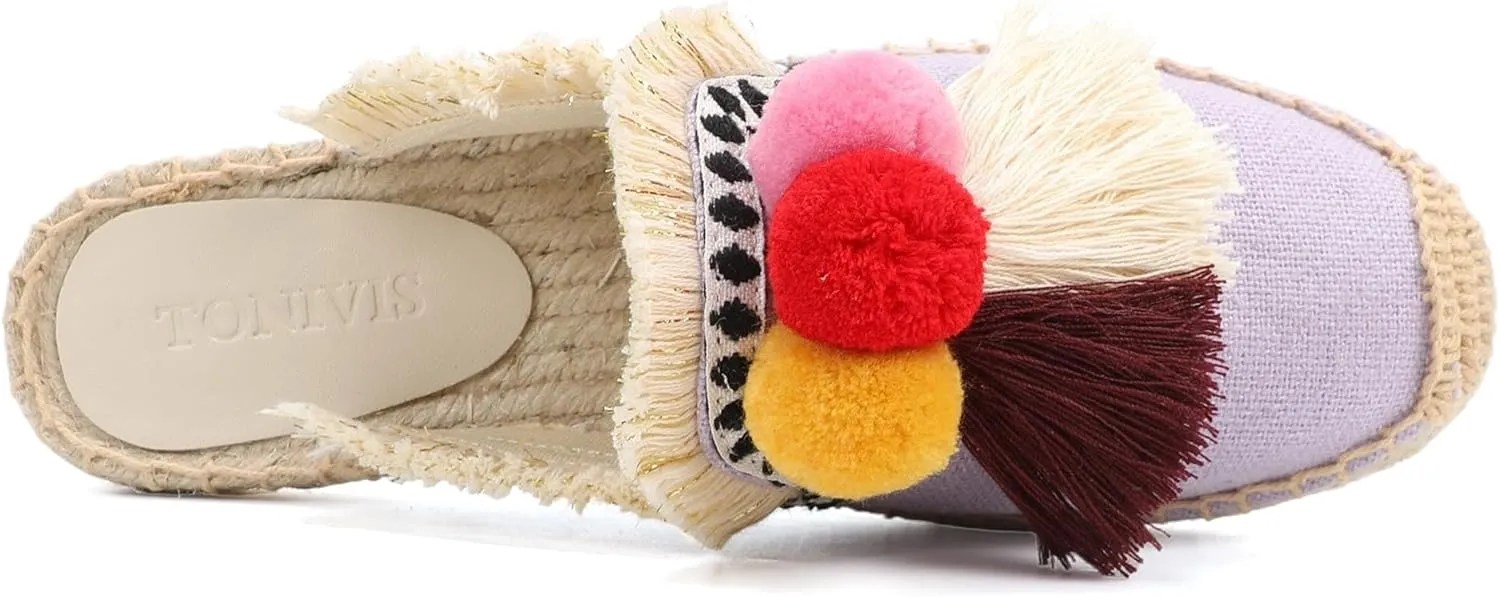 Women's Mule Flat Shoes with Tassel & Pompom, Espadrilles Slides Backless Slipper Slip on Shoes
