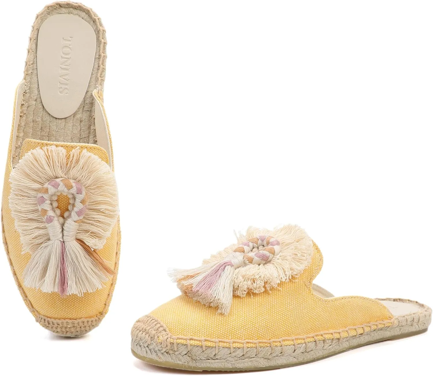Women's Mule Flat Shoes with Tassel & Pompom, Espadrilles Slides Backless Slipper Slip on Shoes