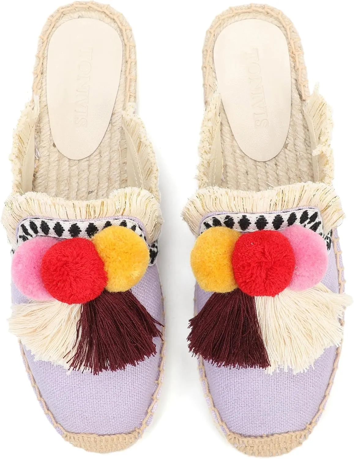 Women's Mule Flat Shoes with Tassel & Pompom, Espadrilles Slides Backless Slipper Slip on Shoes