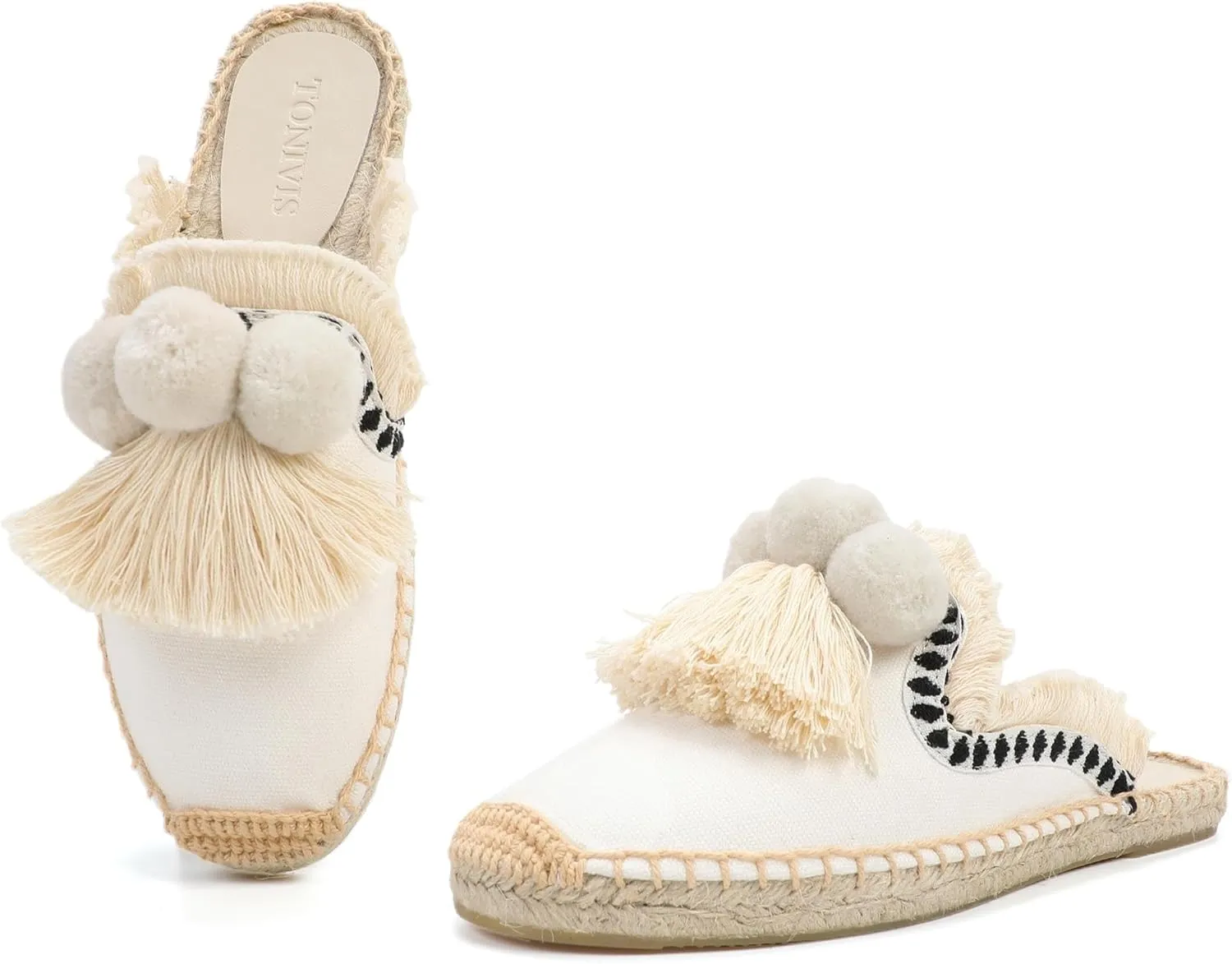 Women's Mule Flat Shoes with Tassel & Pompom, Espadrilles Slides Backless Slipper Slip on Shoes