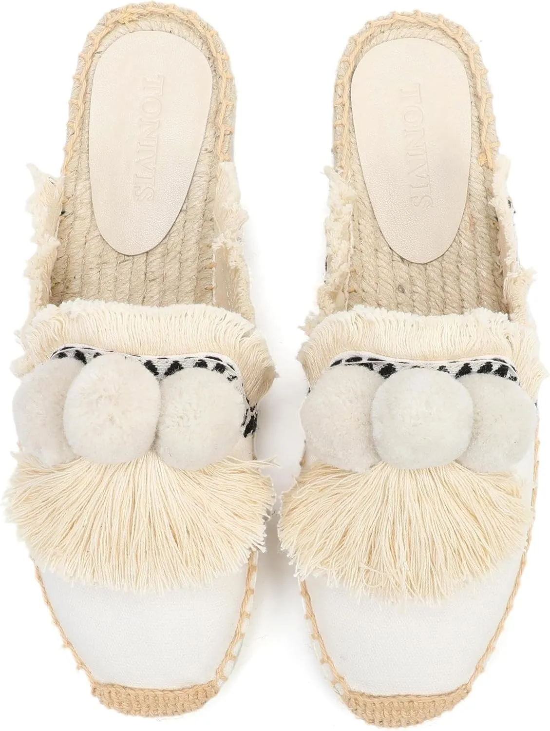 Women's Mule Flat Shoes with Tassel & Pompom, Espadrilles Slides Backless Slipper Slip on Shoes