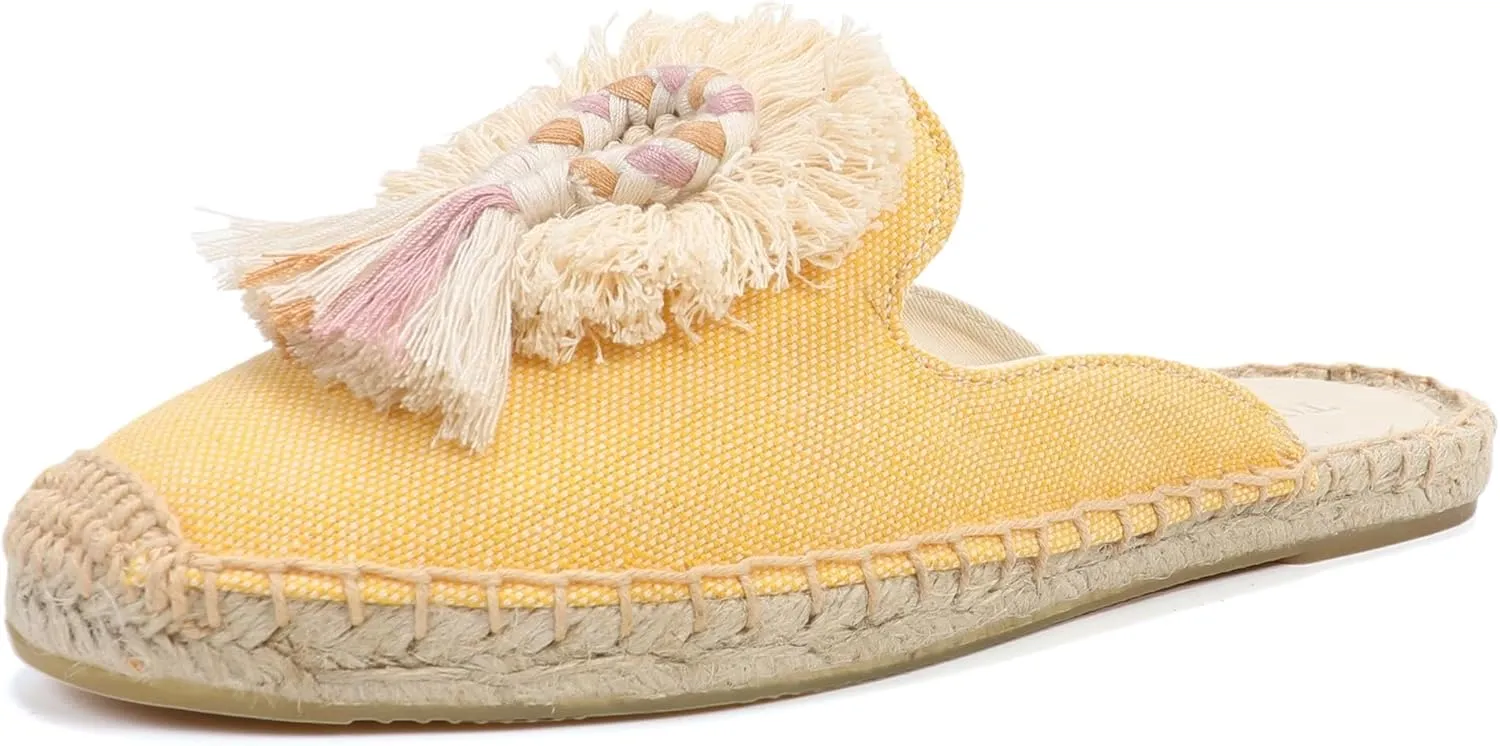 Women's Mule Flat Shoes with Tassel & Pompom, Espadrilles Slides Backless Slipper Slip on Shoes
