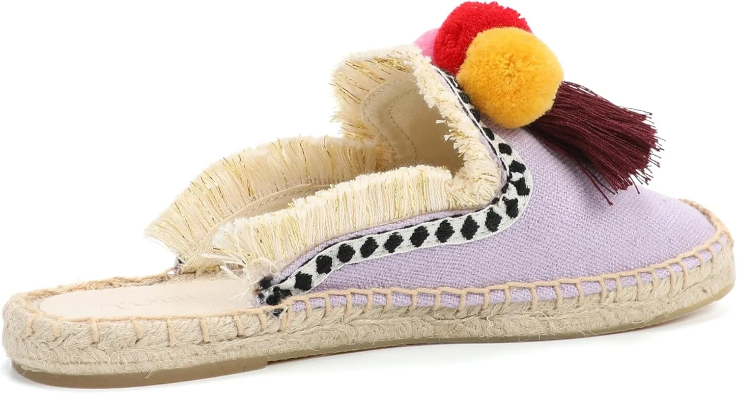 Women's Mule Flat Shoes with Tassel & Pompom, Espadrilles Slides Backless Slipper Slip on Shoes