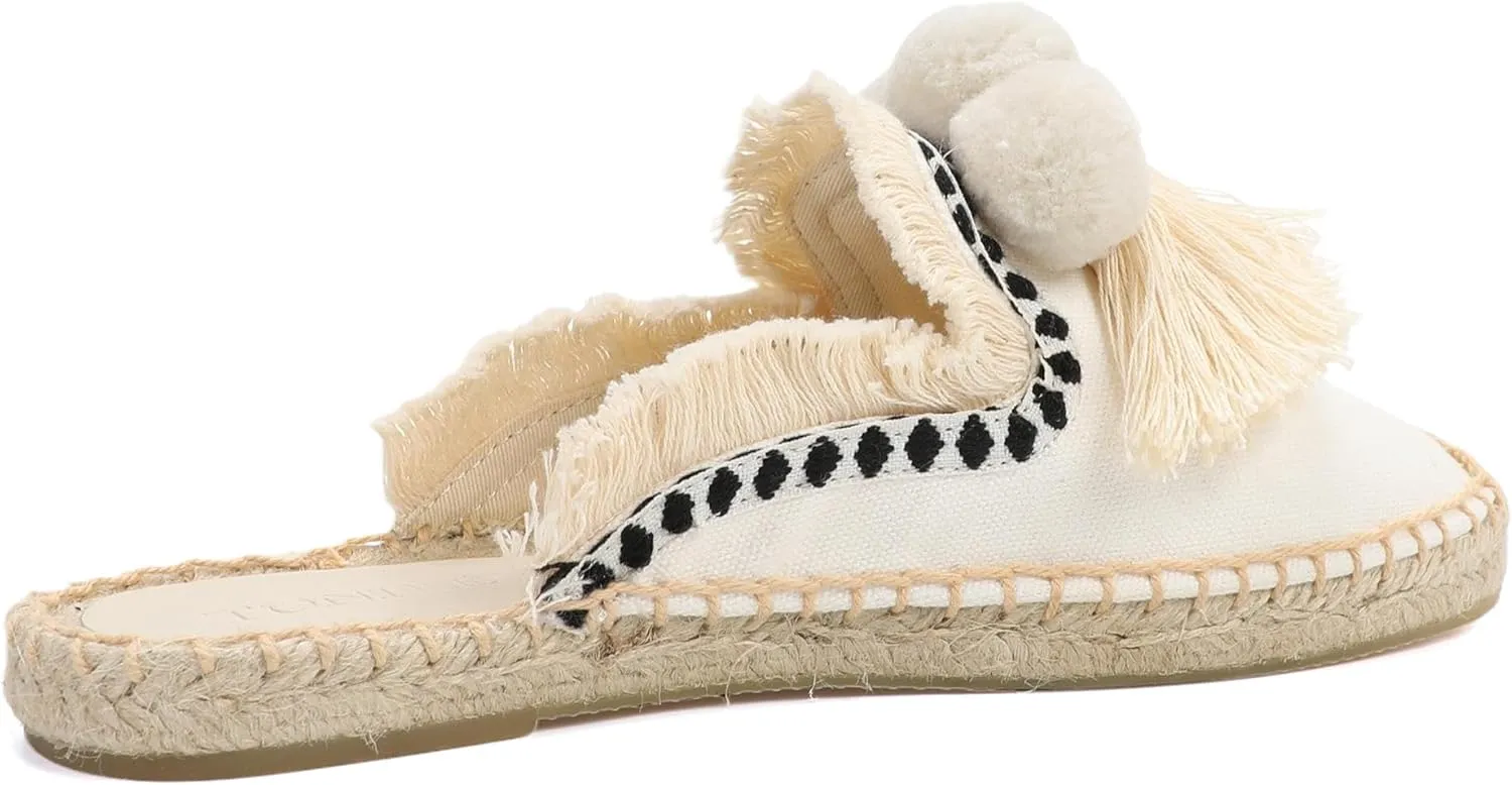 Women's Mule Flat Shoes with Tassel & Pompom, Espadrilles Slides Backless Slipper Slip on Shoes
