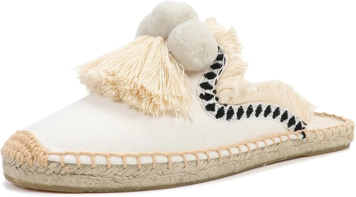 Women's Mule Flat Shoes with Tassel & Pompom, Espadrilles Slides Backless Slipper Slip on Shoes