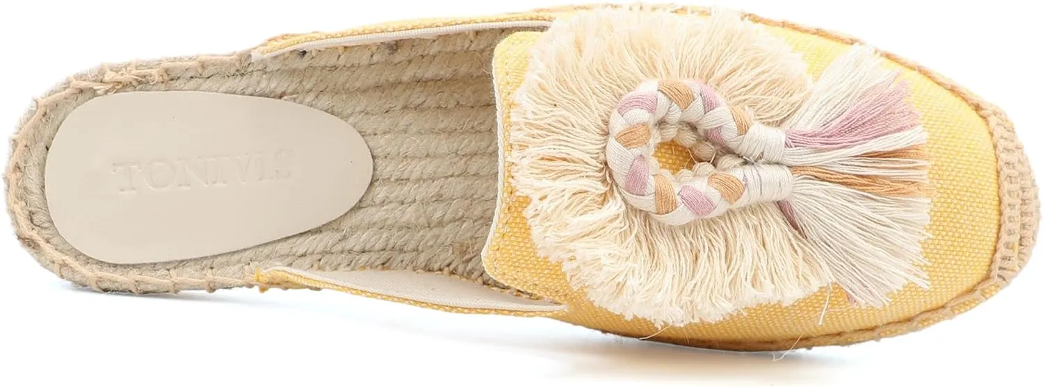 Women's Mule Flat Shoes with Tassel & Pompom, Espadrilles Slides Backless Slipper Slip on Shoes