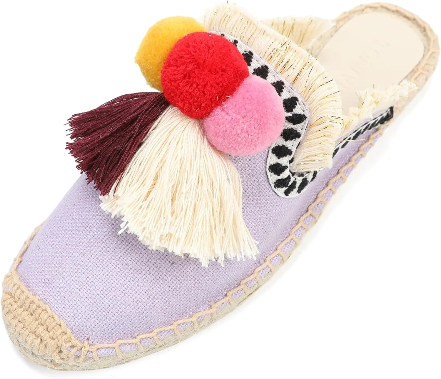 Women's Mule Flat Shoes with Tassel & Pompom, Espadrilles Slides Backless Slipper Slip on Shoes
