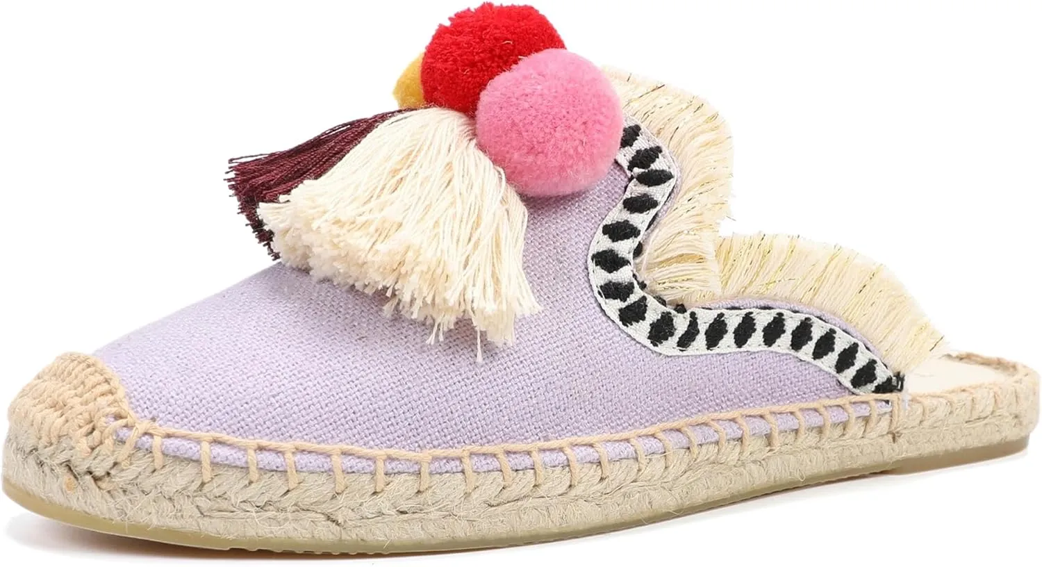 Women's Mule Flat Shoes with Tassel & Pompom, Espadrilles Slides Backless Slipper Slip on Shoes