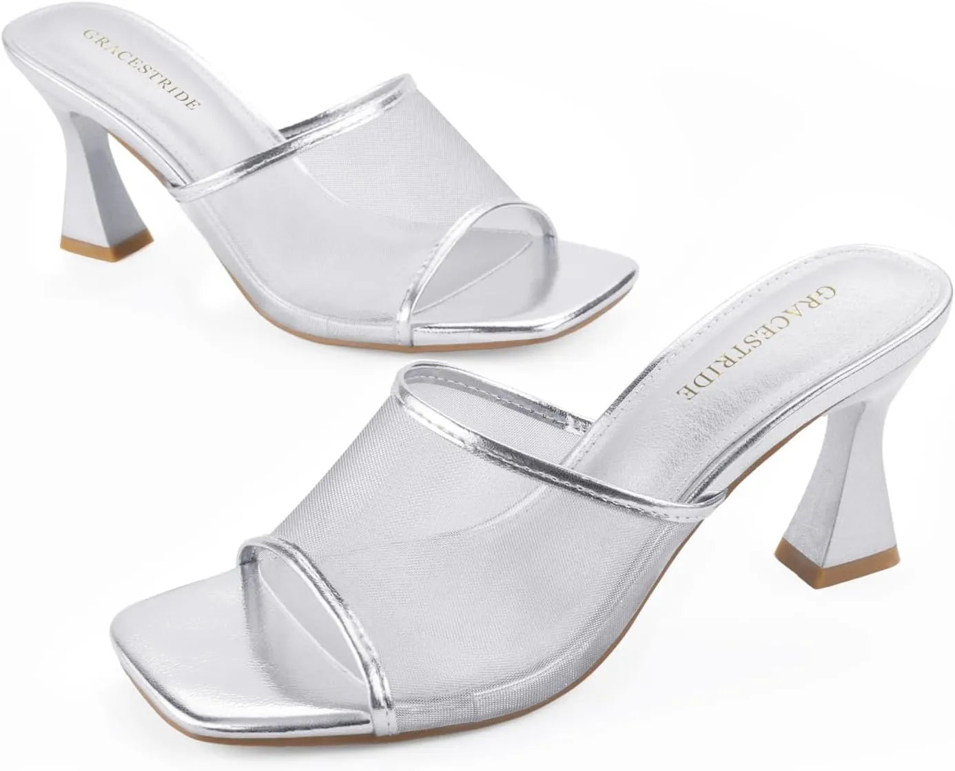 Women's Mule Heels Chunky Kitten Heeled Sandals Mesh Slip On Square Toe Comfortable Casual Dress Pumps Shoes