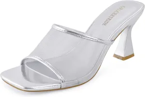 Women's Mule Heels Chunky Kitten Heeled Sandals Mesh Slip On Square Toe Comfortable Casual Dress Pumps Shoes