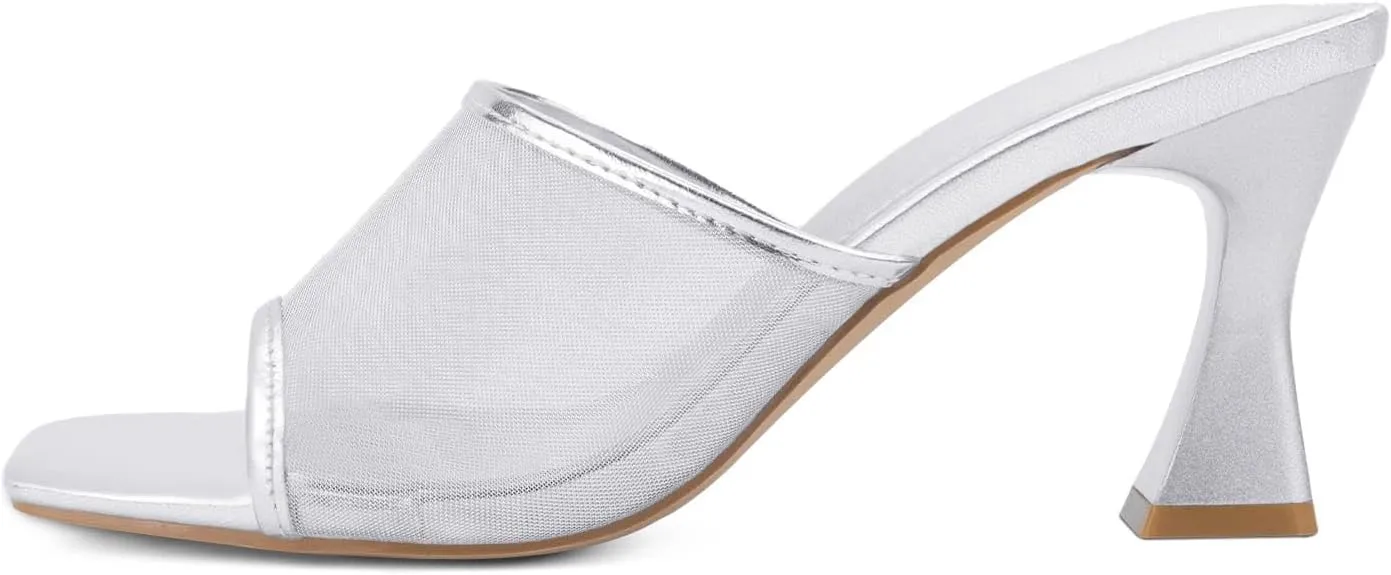 Women's Mule Heels Chunky Kitten Heeled Sandals Mesh Slip On Square Toe Comfortable Casual Dress Pumps Shoes