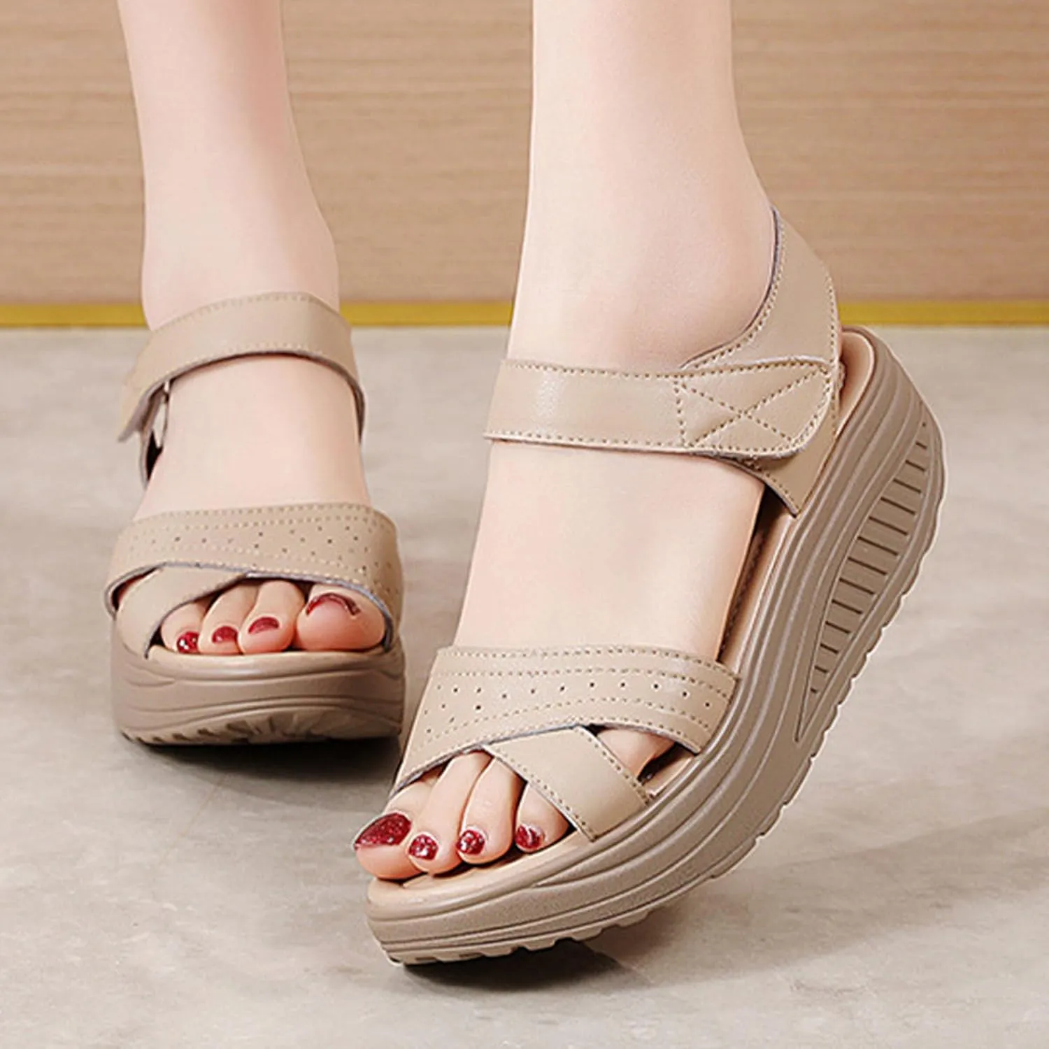 Women's Open Toe Comfy Orthotic Cushion Platform Sandals,Lightweight Hook Loop Ankle Backstrap Wedge Muffin Causal Shoes