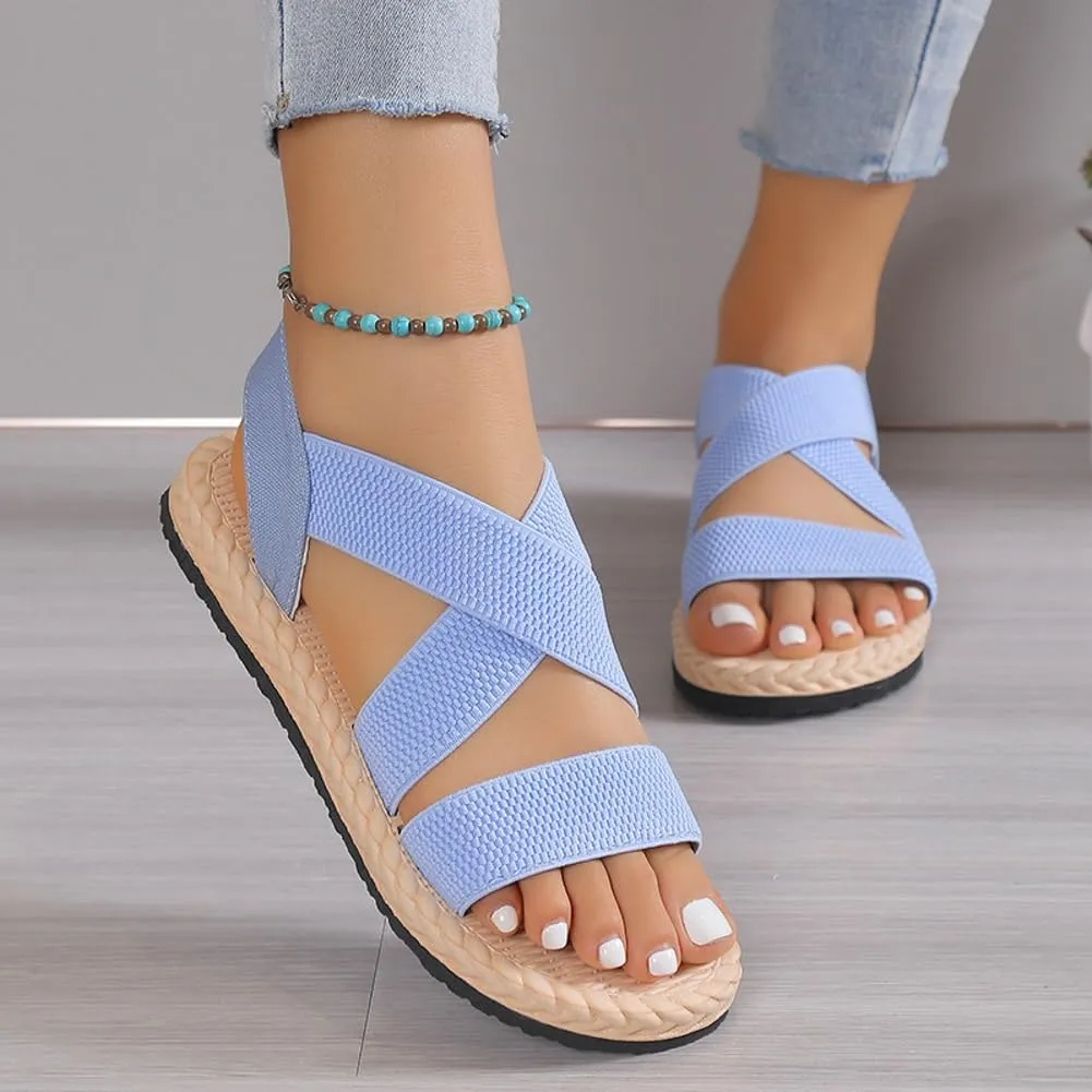 Women's Open Toe Elastic Ankle Strap Flat Summer Beach Sandal Comfy Slip on Sandals Dressy Strappy Shoes Sandals
