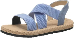 Women's Open Toe Elastic Ankle Strap Flat Summer Beach Sandal Comfy Slip on Sandals Dressy Strappy Shoes Sandals