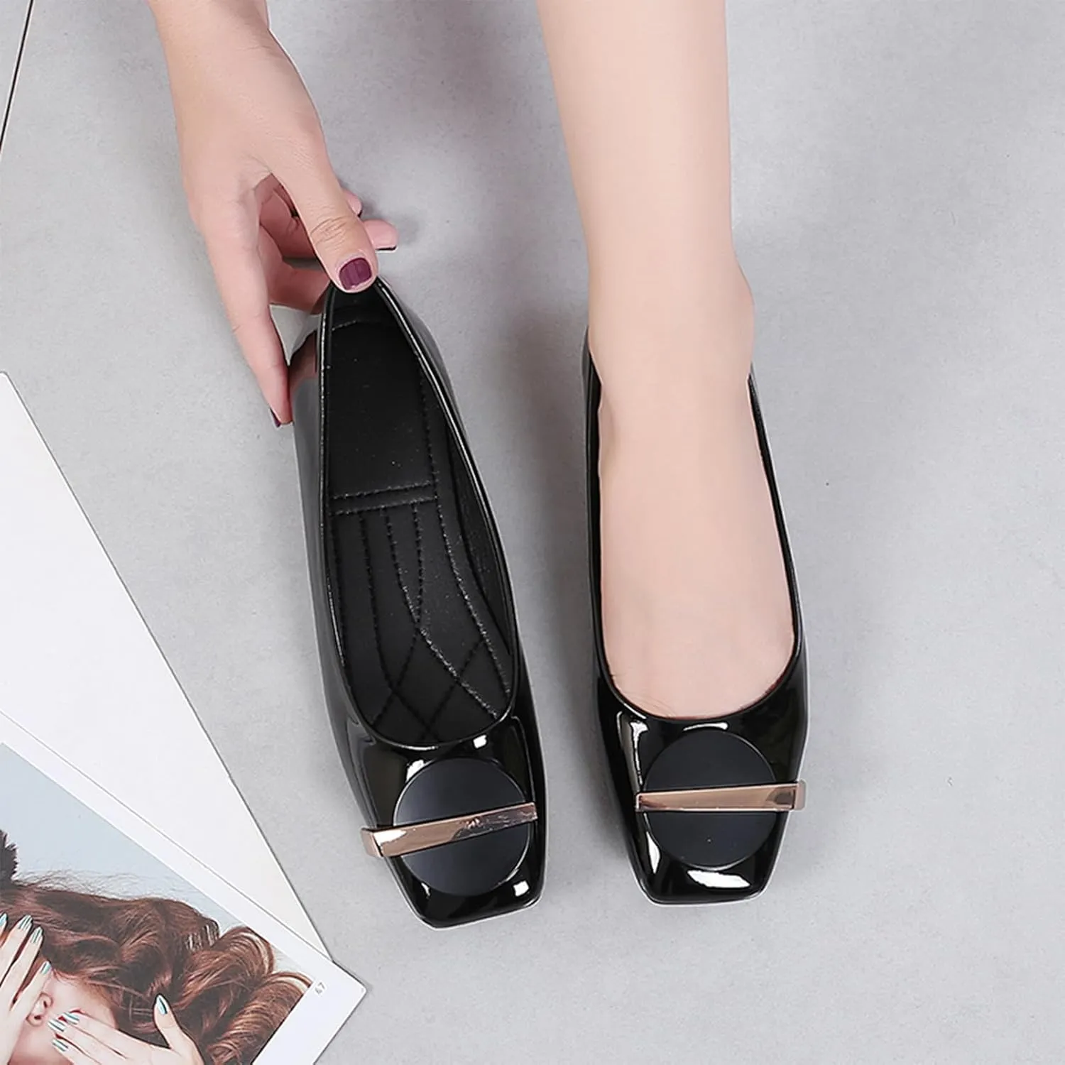 Women's Patent Leather Metal Buckle Dressy Ballet Flats Breathable & Lightweight Comfortable Square Toe Slip-On Walking Flats for Office Wedding Party