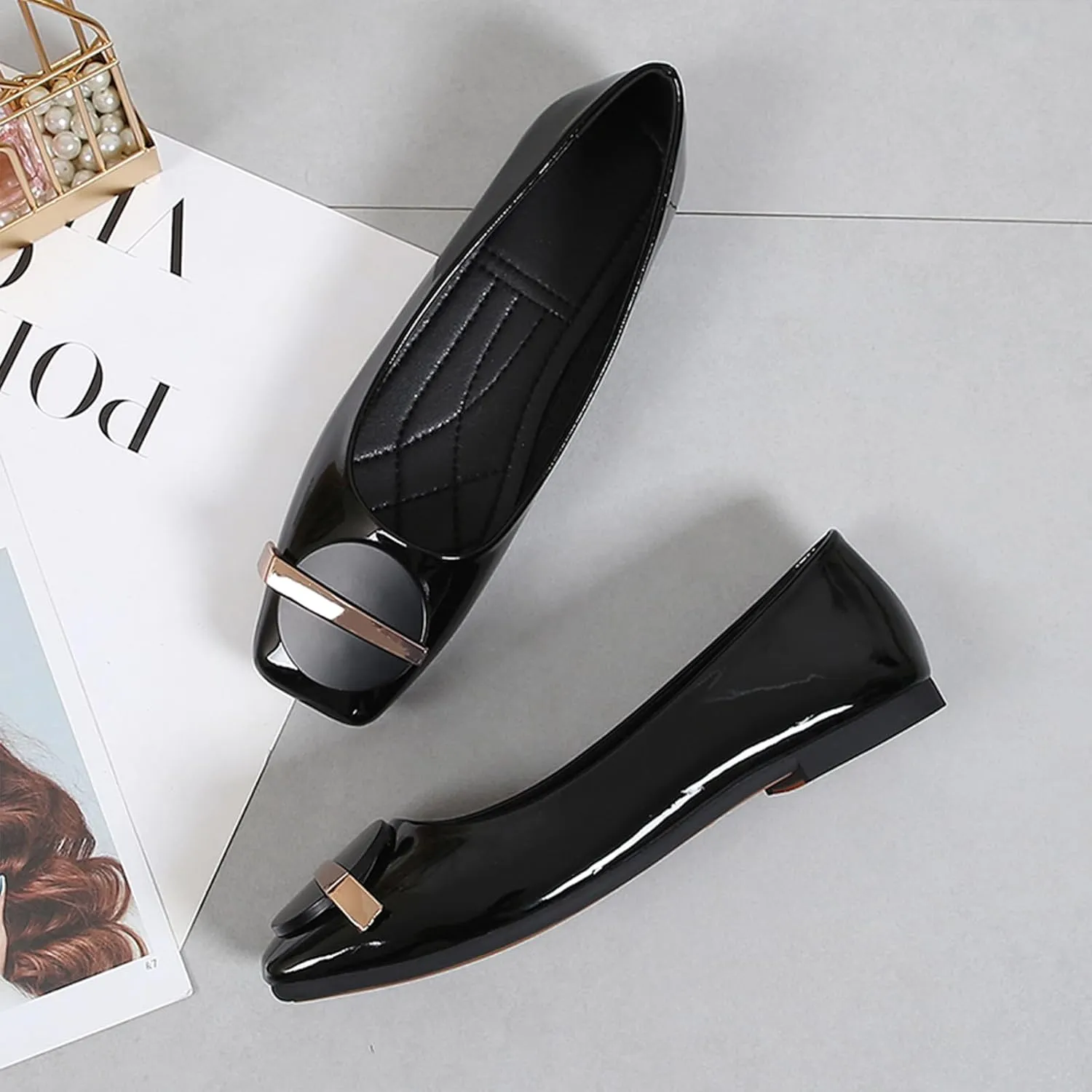 Women's Patent Leather Metal Buckle Dressy Ballet Flats Breathable & Lightweight Comfortable Square Toe Slip-On Walking Flats for Office Wedding Party