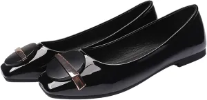 Women's Patent Leather Metal Buckle Dressy Ballet Flats Breathable & Lightweight Comfortable Square Toe Slip-On Walking Flats for Office Wedding Party