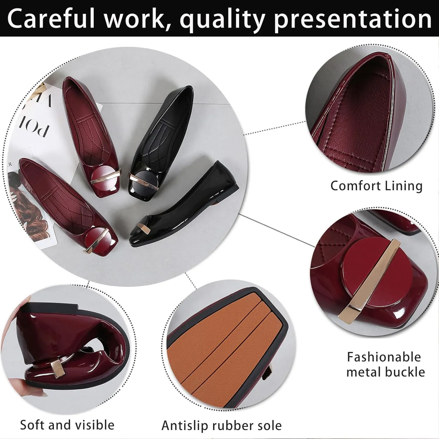 Women's Patent Leather Metal Buckle Dressy Ballet Flats Breathable & Lightweight Comfortable Square Toe Slip-On Walking Flats for Office Wedding Party