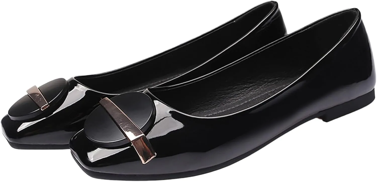 Women's Patent Leather Metal Buckle Dressy Ballet Flats Breathable & Lightweight Comfortable Square Toe Slip-On Walking Flats for Office Wedding Party