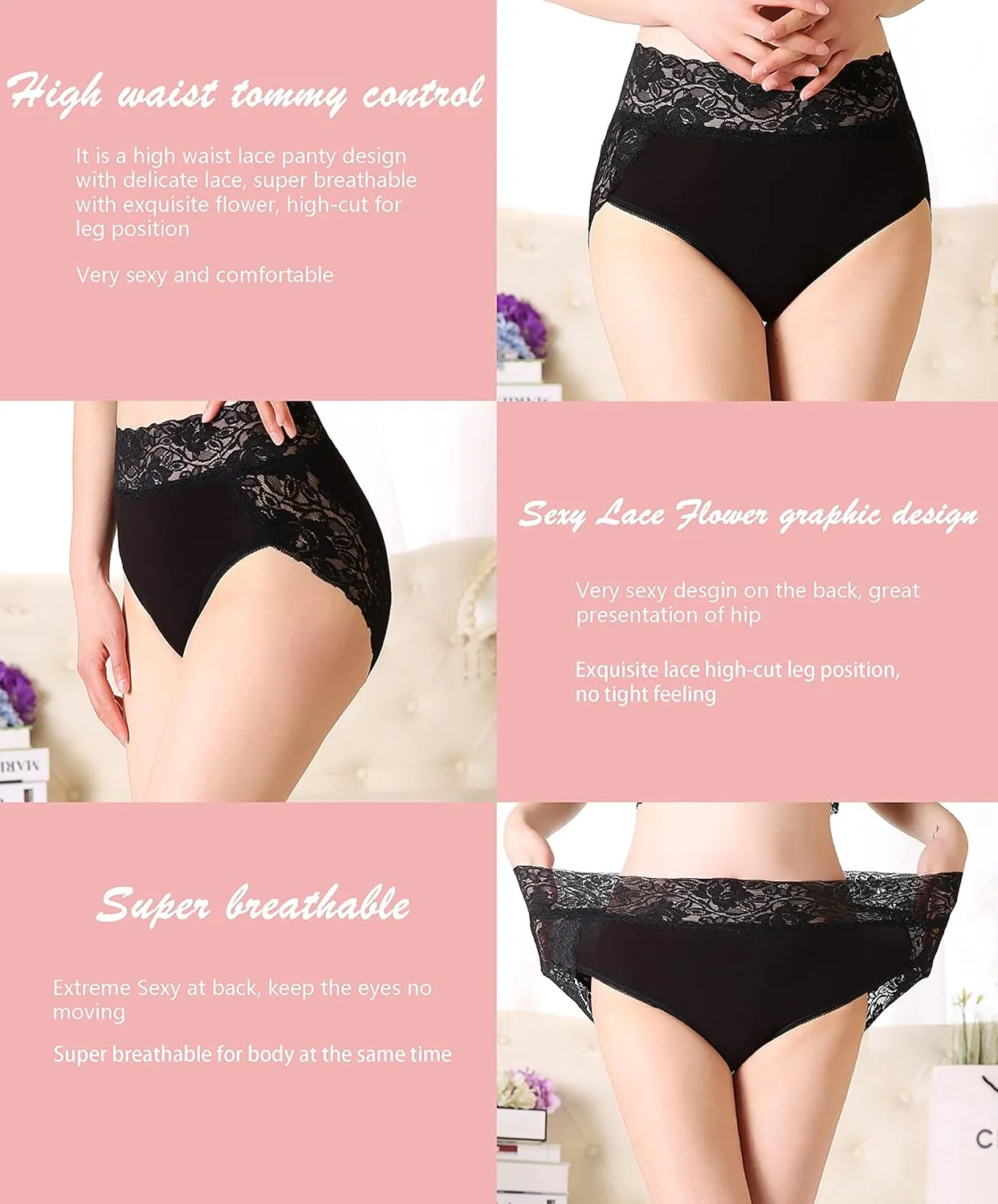 Women’s Plus Size Underwear, Ladies Sexy Lace High Waisted Panties, Soft Full Breathable Briefs For Women 5-Pack