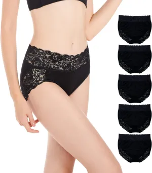 Women’s Plus Size Underwear, Ladies Sexy Lace High Waisted Panties, Soft Full Breathable Briefs For Women 5-Pack