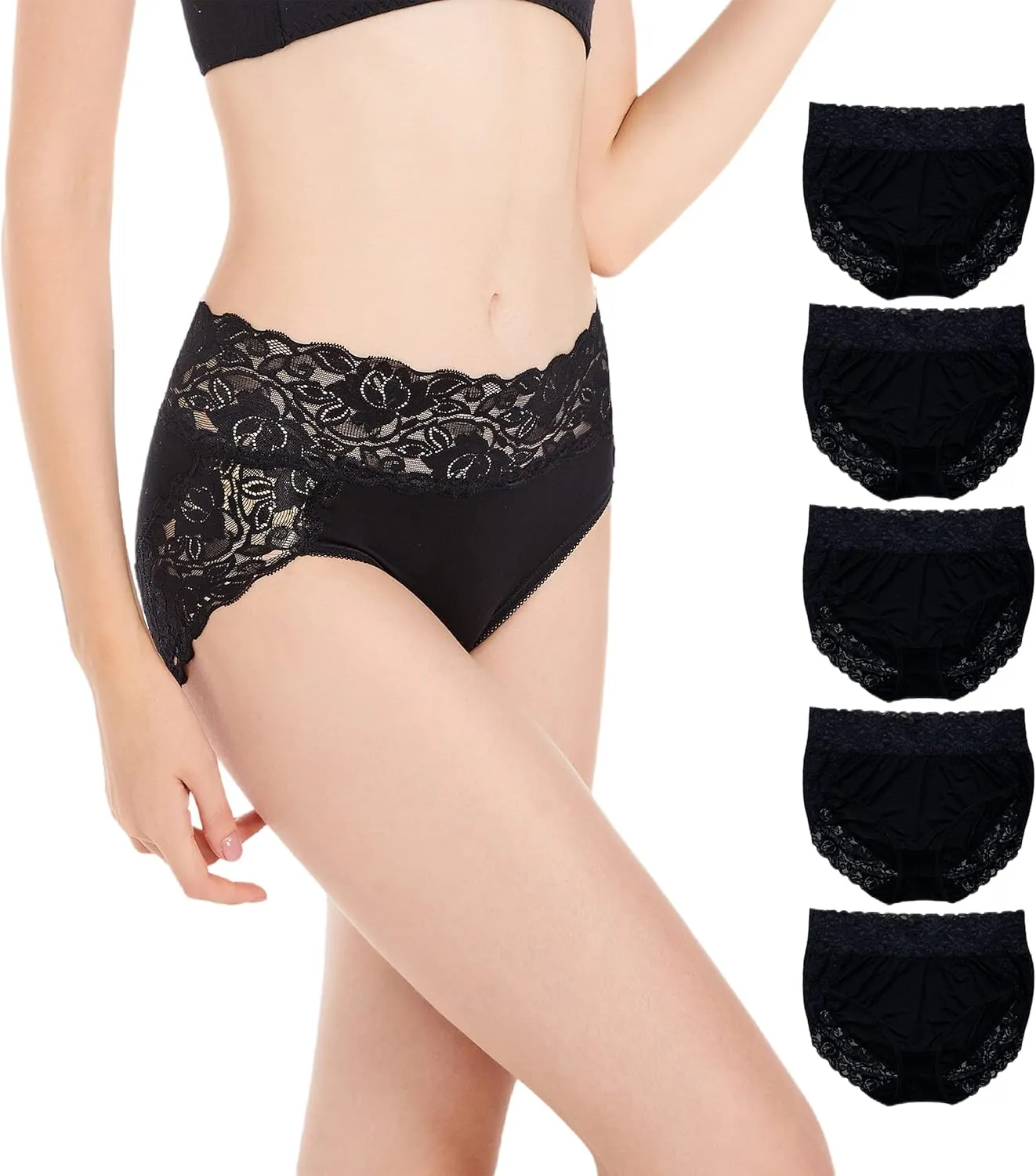 Women’s Plus Size Underwear, Ladies Sexy Lace High Waisted Panties, Soft Full Breathable Briefs For Women 5-Pack