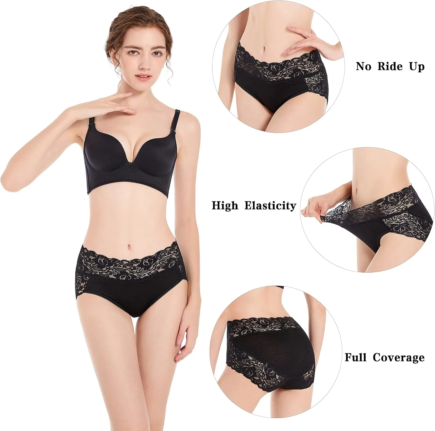 Women’s Plus Size Underwear, Ladies Sexy Lace High Waisted Panties, Soft Full Breathable Briefs For Women 5-Pack