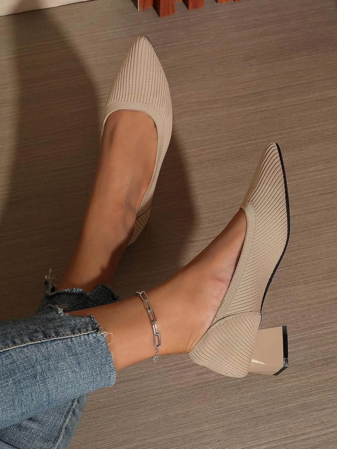 Women's Pointed Closed Toe Low Heel Knit Pumps Chunky Block Heels for Women Comfy Soft Lady Daily Work Office Casual Slip On Breathable Knit Shoes 1.57 Inch