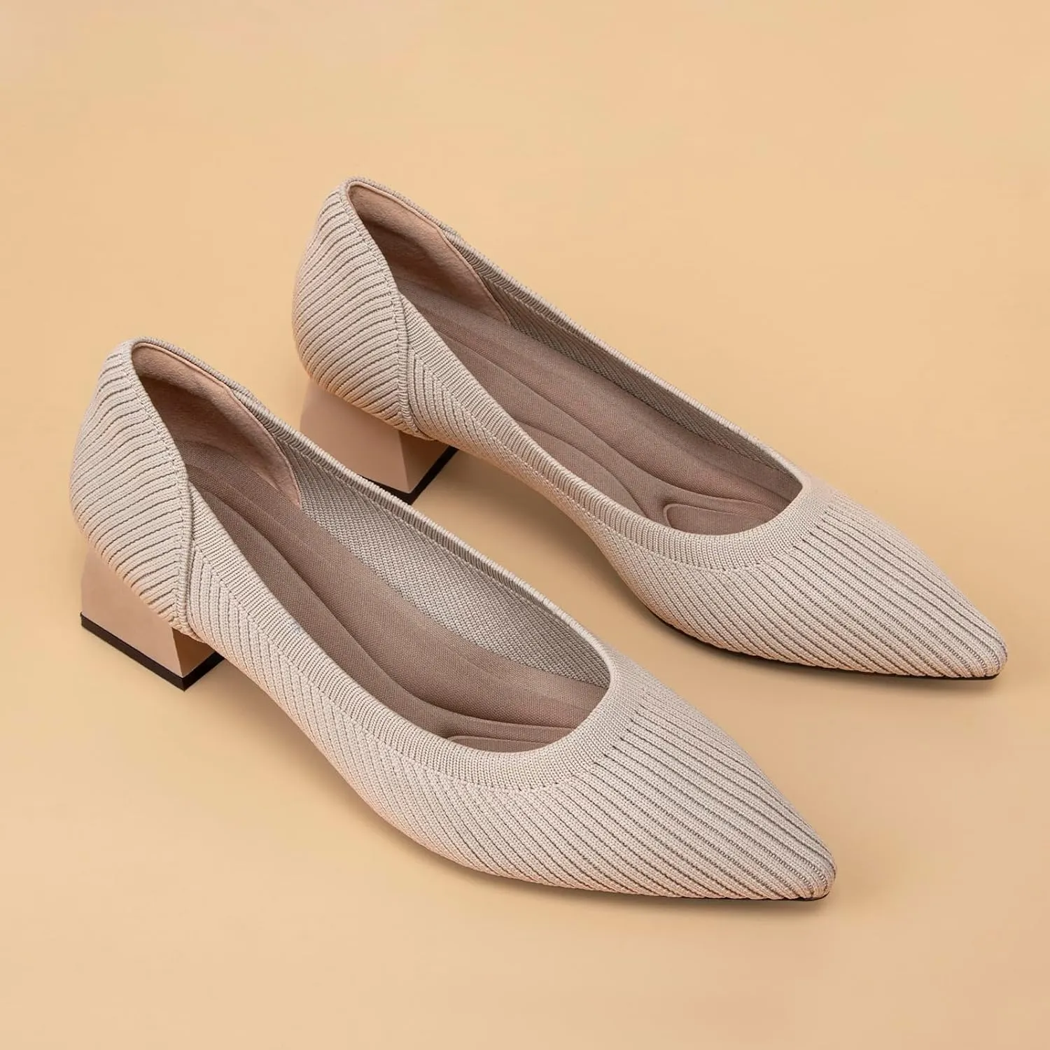 Women's Pointed Closed Toe Low Heel Knit Pumps Chunky Block Heels for Women Comfy Soft Lady Daily Work Office Casual Slip On Breathable Knit Shoes 1.57 Inch