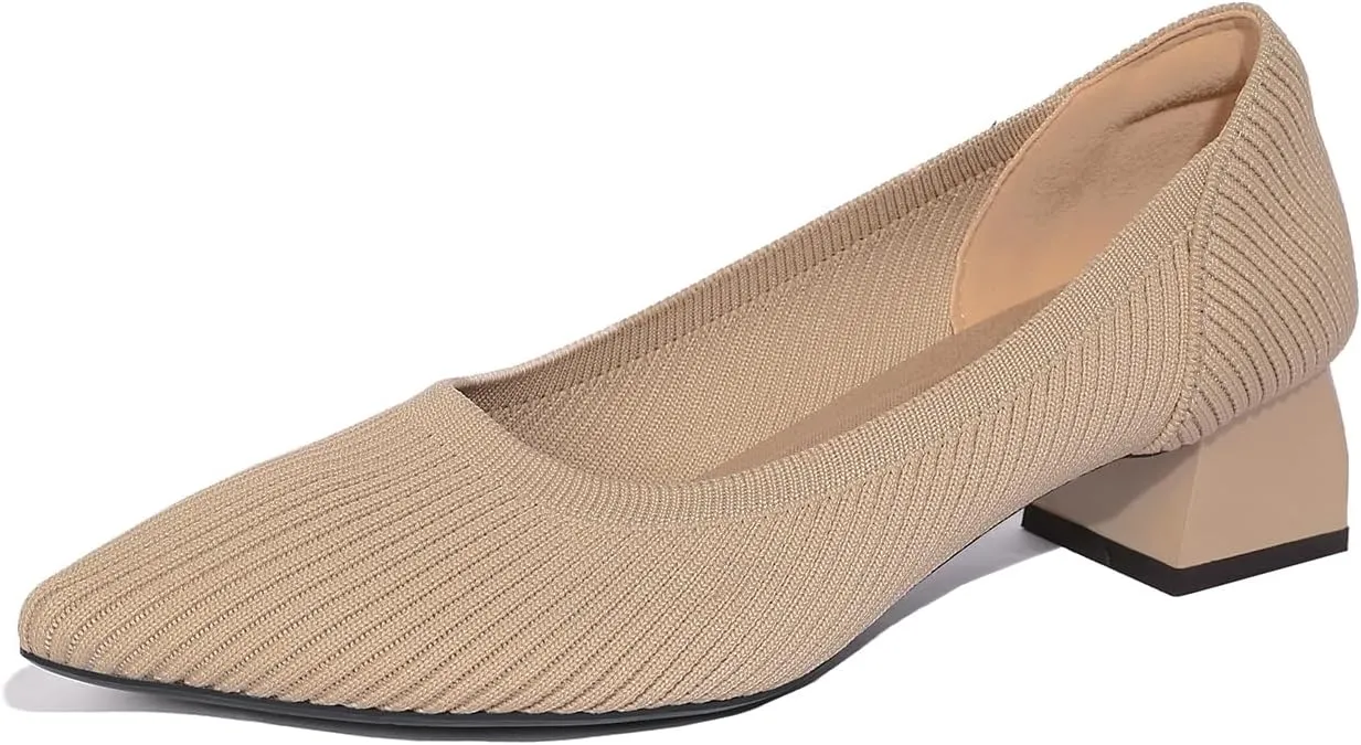 Women's Pointed Closed Toe Low Heel Knit Pumps Chunky Block Heels for Women Comfy Soft Lady Daily Work Office Casual Slip On Breathable Knit Shoes 1.57 Inch