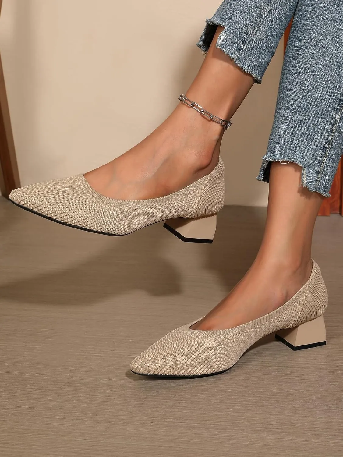Women's Pointed Closed Toe Low Heel Knit Pumps Chunky Block Heels for Women Comfy Soft Lady Daily Work Office Casual Slip On Breathable Knit Shoes 1.57 Inch