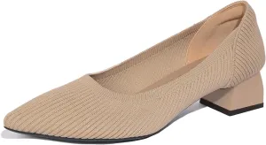 Women's Pointed Closed Toe Low Heel Knit Pumps Chunky Block Heels for Women Comfy Soft Lady Daily Work Office Casual Slip On Breathable Knit Shoes 1.57 Inch