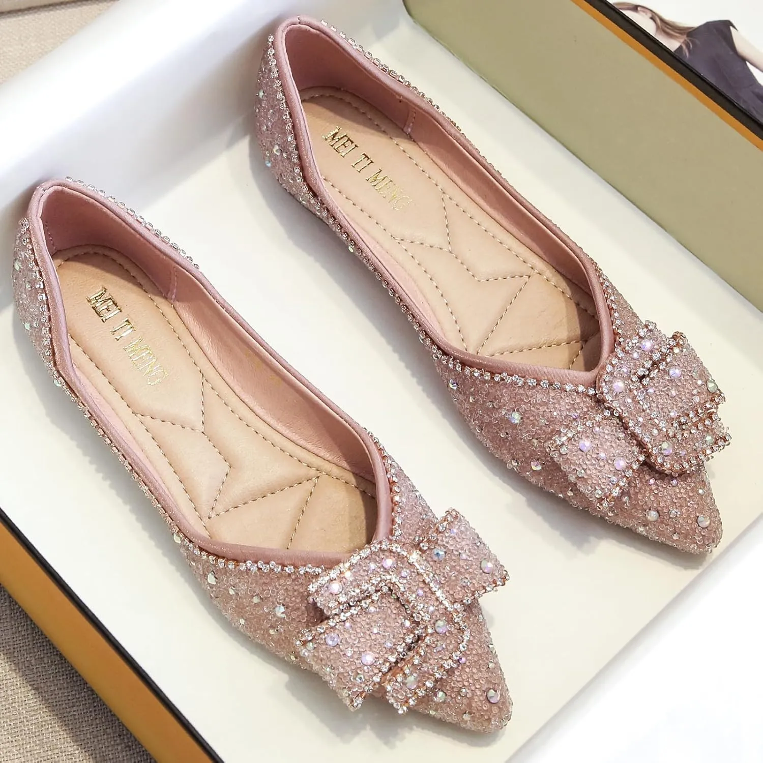 Women's Pointed Rhinestone Flat Shoes Glitter Flowers Wedding Comfortable Dress Shoes