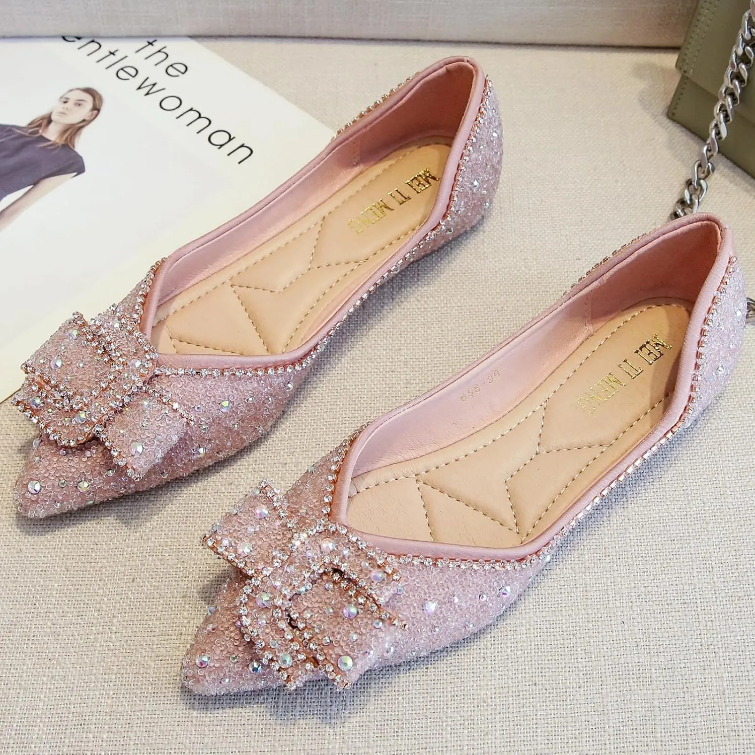Women's Pointed Rhinestone Flat Shoes Glitter Flowers Wedding Comfortable Dress Shoes