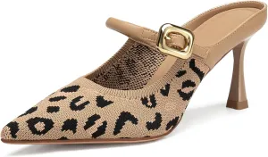 Women's Pointed Toe Heeled Mules, Knit Sandals, Slip-On Shoes