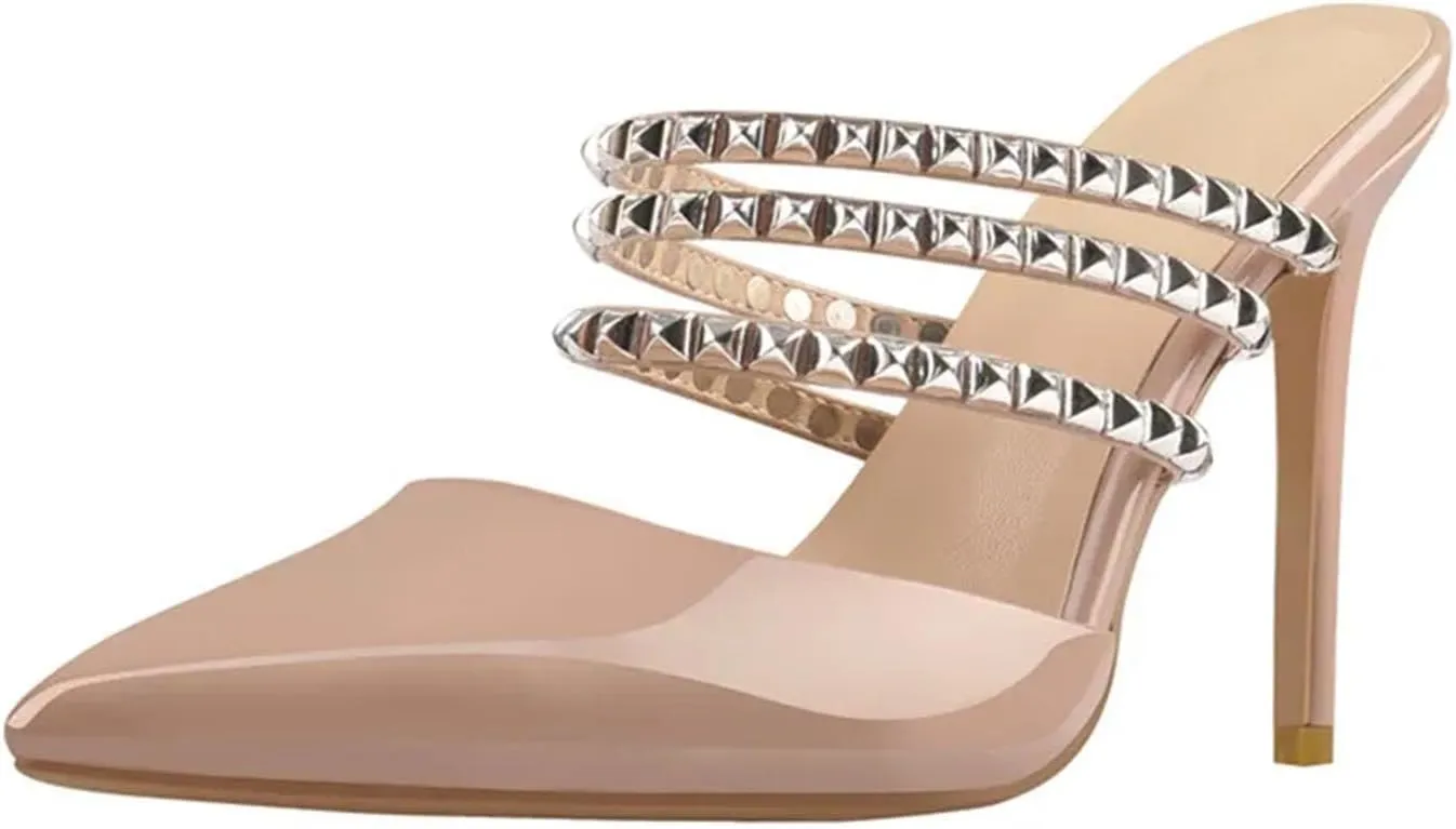 Women's Pointed Toe Rivet Straps Mules - Slip On 10cm Thin Heel Summer Sandals