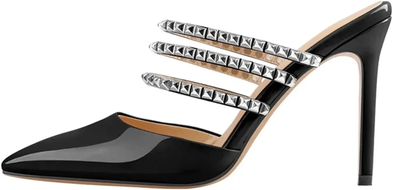 Women's Pointed Toe Rivet Straps Mules - Slip On 10cm Thin Heel Summer Sandals