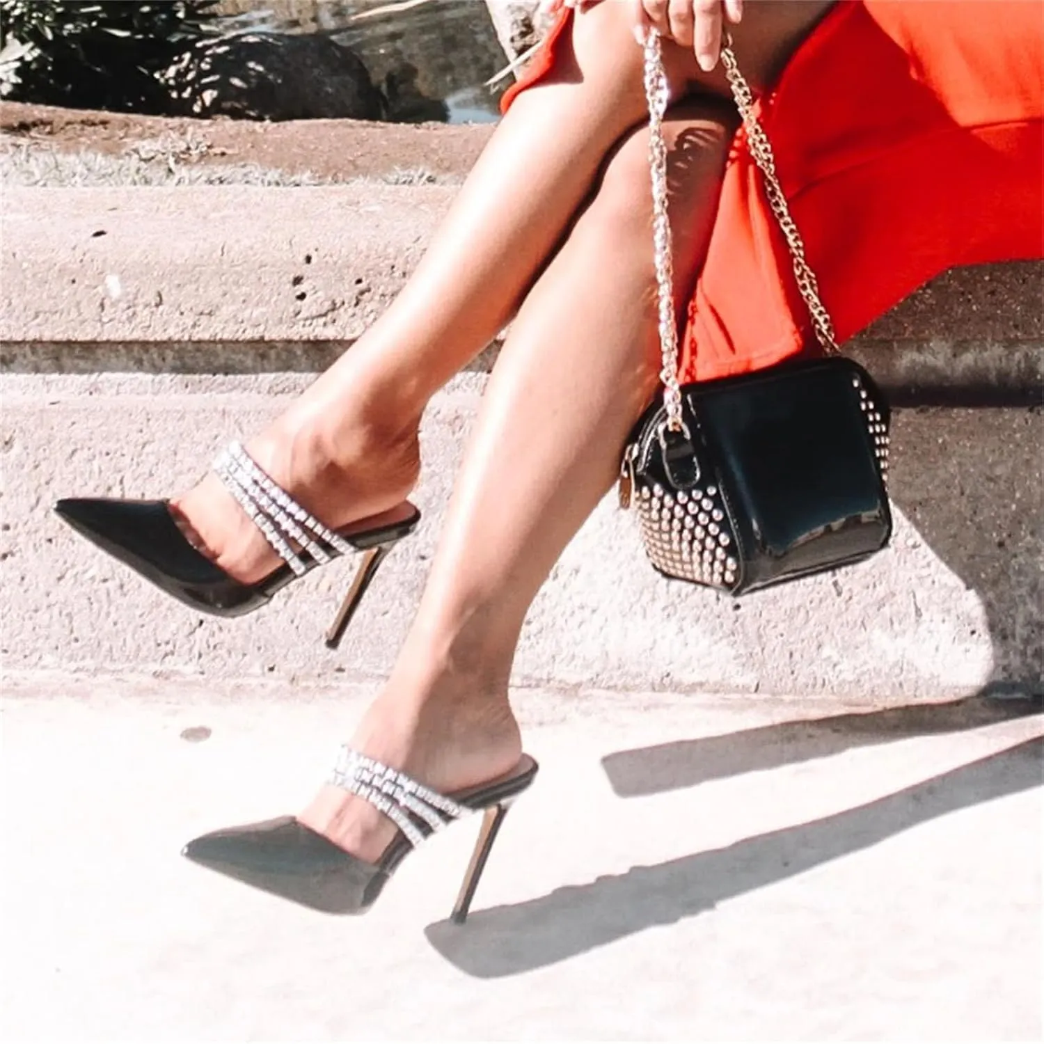 Women's Pointed Toe Rivet Straps Mules - Slip On 10cm Thin Heel Summer Sandals