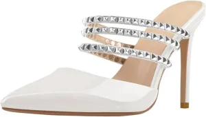 Women's Pointed Toe Rivet Straps Mules - Slip On 10cm Thin Heel Summer Sandals