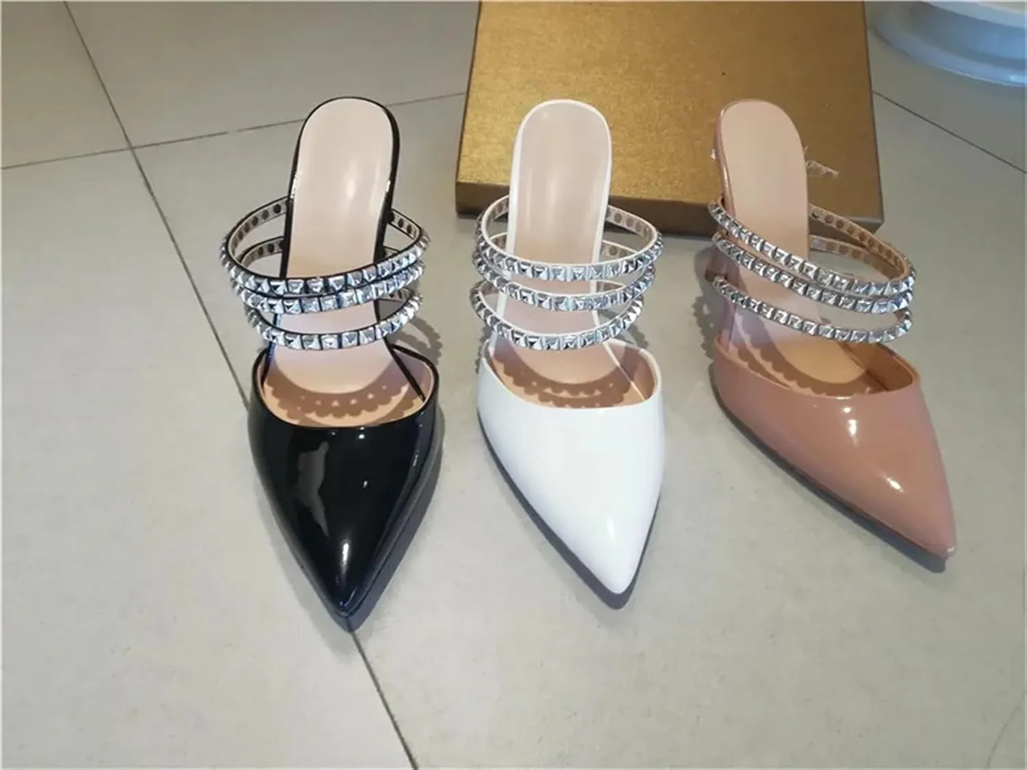 Women's Pointed Toe Rivet Straps Mules - Slip On 10cm Thin Heel Summer Sandals