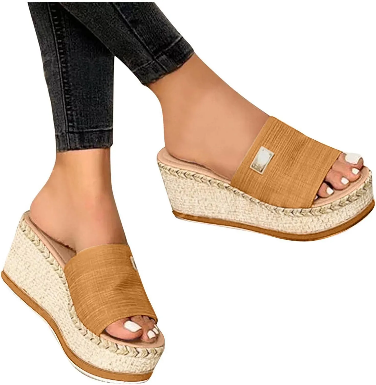Womens Sandals 2023 Summer Fashion Casual Slip on Wedge Platform Slides Sandal Solid Open Toe Metal Decorate Slippers Comfy Outdoor Anti-Slip Shoes