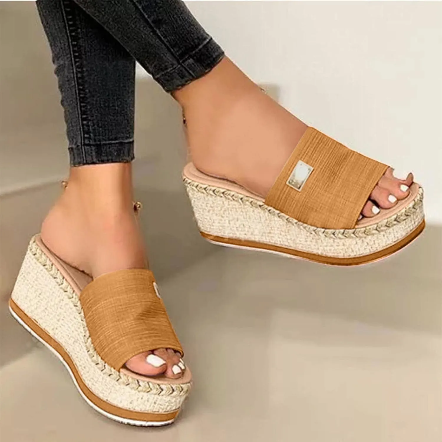 Womens Sandals 2023 Summer Fashion Casual Slip on Wedge Platform Slides Sandal Solid Open Toe Metal Decorate Slippers Comfy Outdoor Anti-Slip Shoes