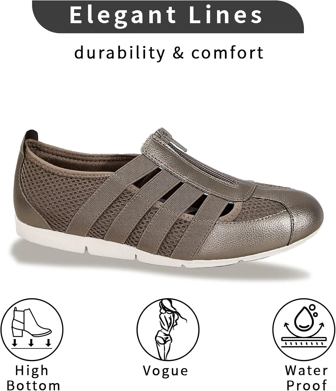 Women's Slip-On Loafers for Gyming Breathable Walking Shoes Lightweight Casual Sneaker with Zipper