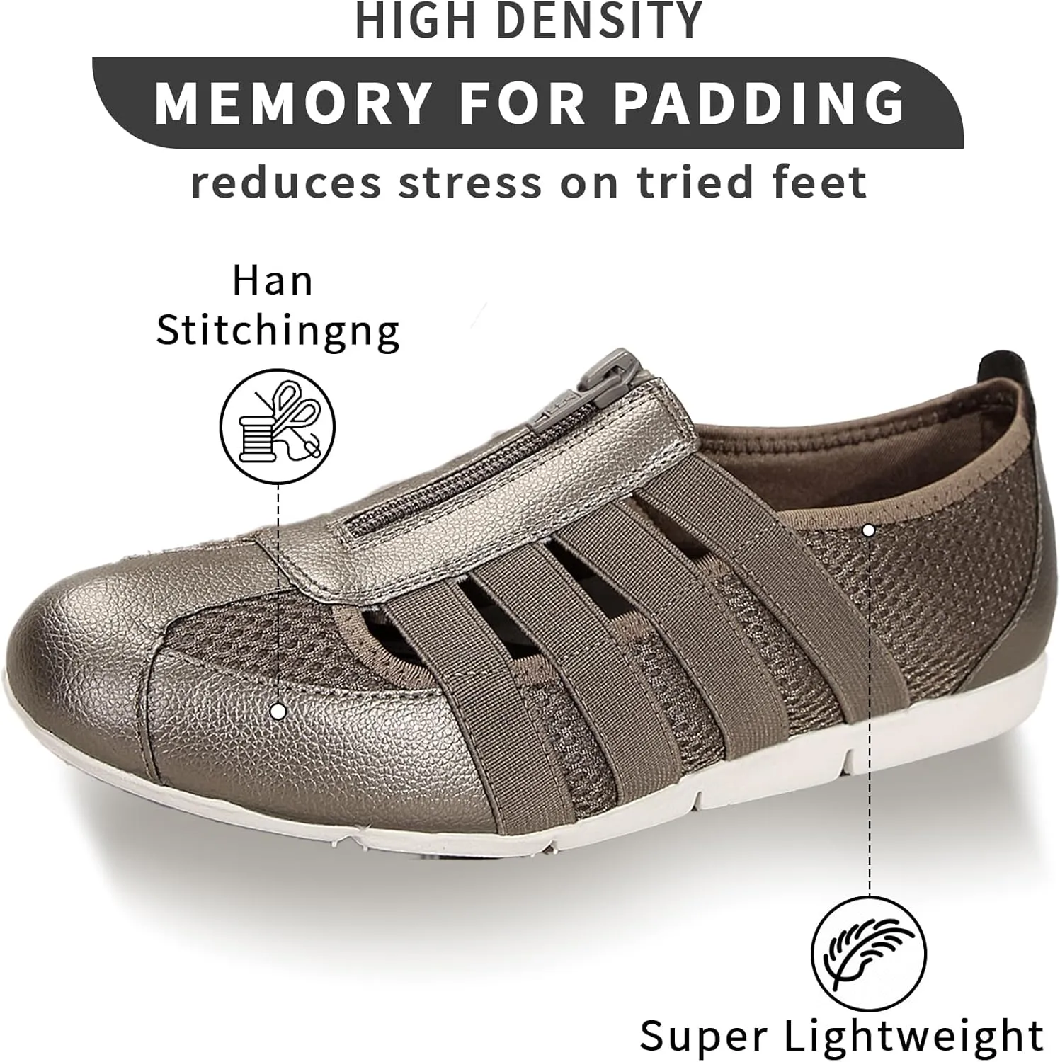 Women's Slip-On Loafers for Gyming Breathable Walking Shoes Lightweight Casual Sneaker with Zipper