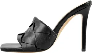 Women's Square Toe Black Mules - Thin High Heel Slip On Summer Sandals